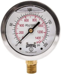 Winters - 2-1/2" Dial, 1/4 Thread, 0-200 Scale Range, Pressure Gauge - Lower Connection Mount, Accurate to 1.5% of Scale - Americas Tooling