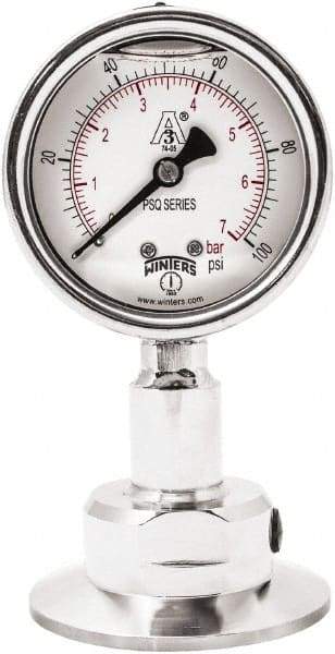 Winters - 2-1/2" Dial, 2 Thread, 0-100 Scale Range, Pressure Gauge - Lower Connection Mount, Accurate to 1.5% of Scale - Americas Tooling