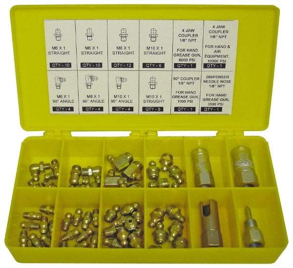 PRO-LUBE - 60 Piece, Metric, Box Plastic Steel Grease Fitting Set - Includes Metric Thread Types, Includes M10x1: (20) Straight, (4) 90°, M6x1: (12) Straight, (4) 90°, M8x1: (12) Straight, (4) 90° - Americas Tooling