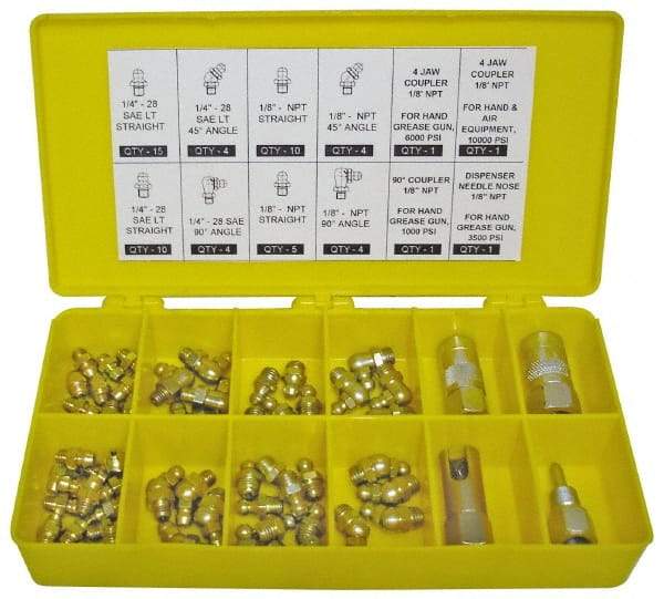 PRO-LUBE - 60 Piece, Inch, Box Plastic Steel Grease Fitting Set - Includes PTF, UNF Thread Types, Includes 1/4-28 SAE-LT: (25) Straight, (4) 45°, (4) 90°, 1/8-27 PTF: (15) Straight, (4) 45°, (4) 90° - Americas Tooling