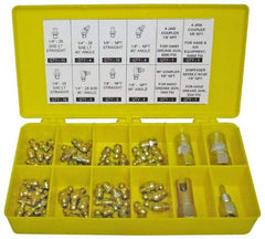 PRO-LUBE - 60 Piece, Inch, Box Plastic Steel Grease Fitting Set - Includes PTF, UNF Thread Types, Includes 1/4-28 SAE-LT: (25) Straight, (4) 45°, (4) 90°, 1/8-27 PTF: (15) Straight, (4) 45°, (4) 90° - Americas Tooling