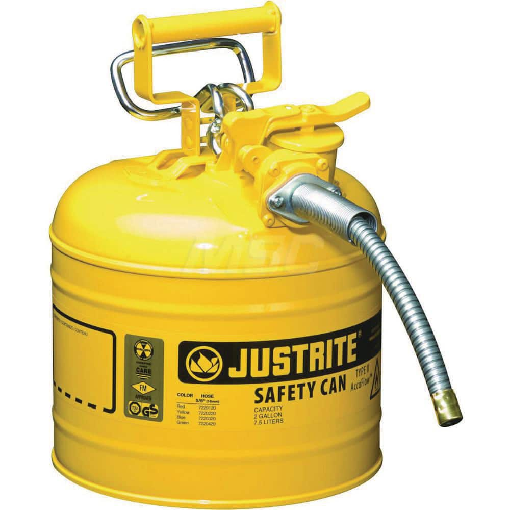 Justrite - Safety Dispensing Cans; Capacity: 2 Gal. ; Material: Steel ; Color: Yellow ; Height (Decimal Inch): 13.250000 ; Diameter/Length (mm): 9.50 ; Approval Listing/Regulations: FM Approved; UL; ULC; TUV - Exact Industrial Supply