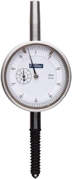 Fowler - 1" Range, 0-100 Dial Reading, 0.001" Graduation Dial Drop Indicator - 2-1/4" Dial, 0.1" Range per Revolution, 0.001" Accuracy, Revolution Counter - Americas Tooling