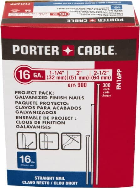 Porter-Cable - 16 Gauge 2-1/2" Long Finishing Nails for Power Nailers - Steel, Galvanized Finish, Smooth Shank, Straight Stick Collation, Chisel Point - Americas Tooling