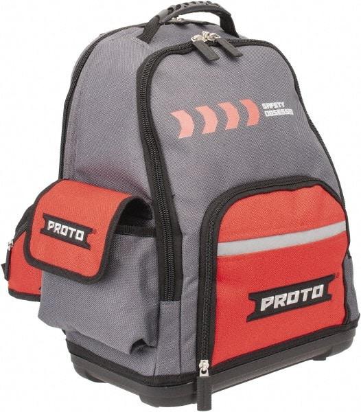 Proto - 22 Pocket Gray & Red Polyester Backpack Tool Bag - 14" Wide x 10" Deep x 18" High - Americas Tooling