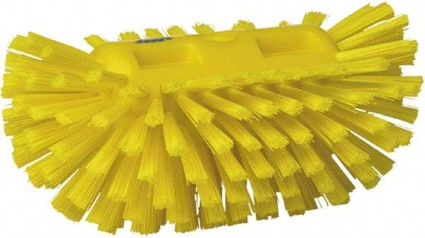 Vikan - 1-1/2" Bristle Length, Polyester Utility Scrub Brush - 5-1/2" Wide Head, 8" OAL, European Threaded Handle, Yellow, Polypropylene Block - Americas Tooling