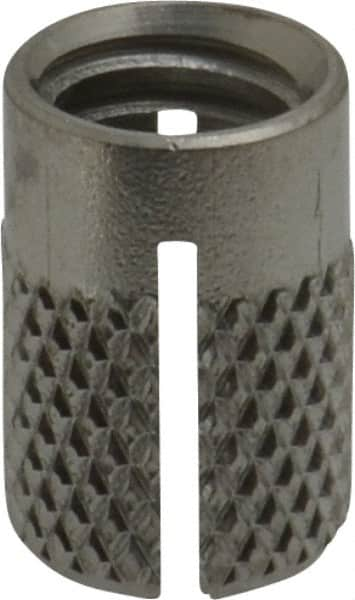 E-Z LOK - 5/16-18 UNC Grade 303 Stainless Steel Flush Press Fit Threaded Insert for Plastic - 9/16" OAL, 0.389" Insert Diam, 3/8" Hole Diam, 3/8" Drill - Americas Tooling