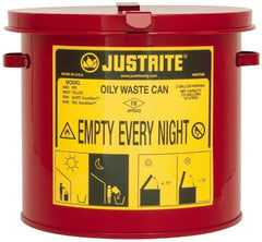 Justrite - 2 Gallon Capacity, Galvanized Steel Oily Waste Can - 9-5/8 Inch Wide/Diameter x 9-1/8 Inch High, Red, Hand Operated, Approved FM - Americas Tooling