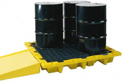 Eagle - 66 Gal Sump, 6,000 Lb Capacity, 4 Drum, Polyethylene Spill Deck or Pallet - 58-1/2" Long x 58-1/2" Wide x 13.43" High, Yellow, Liftable Fork, Drain Included, Low Profile, Vertical, 2 x 2 Drum Configuration - Americas Tooling