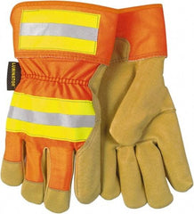 MCR Safety - Size S Pigskin General Protection Work Gloves - For General Purpose, Uncoated, Safety Cuff, Tan/Hi-Vis Orange, Paired - Americas Tooling