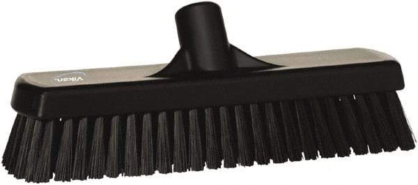 Vikan - 1.7" Bristle Length, Polyester Scrub Brush - 11-1/4" Long x 3" Wide Head, 12" OAL, European Threaded Handle, Black, Polypropylene Block - Americas Tooling