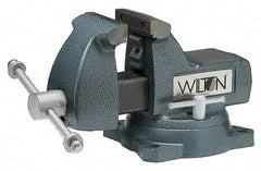 Wilton - 8" Jaw Width x 8-1/4" Jaw Opening Capacity, 4-3/4" Throat Depth, Bench & Pipe Combination Vise - 1/4 to 3-1/2" Pipe Capacity, Swivel Base, Bolt Down Attachment, Ductile Iron - Americas Tooling