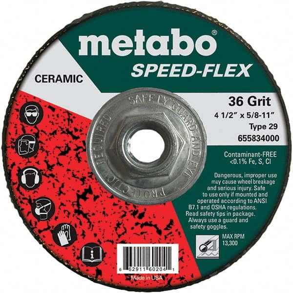 Metabo - 4-1/2" Diam, 5/8-11 Hole, 36 Grit Ceramic Alumina Fiber Disc - Americas Tooling