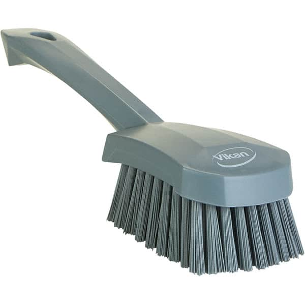 Vikan - 1.3" Bristle Length, Polyester Scrub Brush - 4-1/4" Long x 2-3/4" Wide Head, 10" OAL, Ergonomic Handle, Gray, Polypropylene Block - Americas Tooling