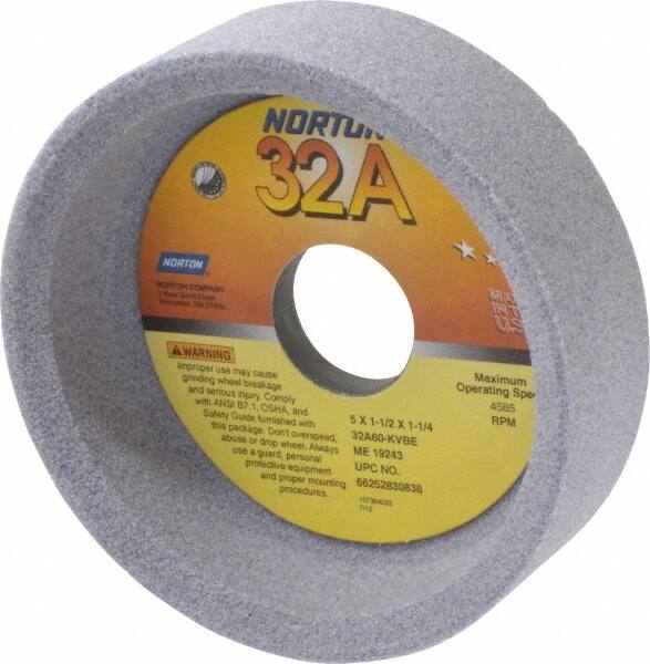 Norton - 5" Diam, 1-1/4" Hole Size, 1-1/2" Overall Thickness, 60 Grit, Type 6 Tool & Cutter Grinding Wheel - Medium Grade, Aluminum Oxide, K Hardness, Vitrified Bond, 4,585 RPM - Americas Tooling