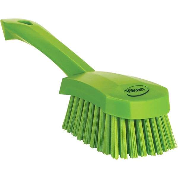 Vikan - 1.3" Bristle Length, Polyester Scrub Brush - 4-1/4" Long x 2-3/4" Wide Head, 10" OAL, Ergonomic Handle, Green, Polypropylene Block - Americas Tooling