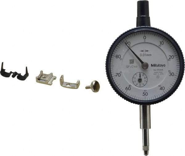 Mitutoyo - 10mm Range, 0-100 Dial Reading, 0.01mm Graduation Dial Drop Indicator - 2-3/16" Dial, 1mm Range per Revolution, 0.013mm Accuracy, Revolution Counter - Americas Tooling