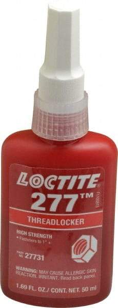 Loctite - 50 mL Bottle, Red, High Strength Liquid Threadlocker - Series 277, 24 hr Full Cure Time, Hand Tool, Heat Removal - Americas Tooling