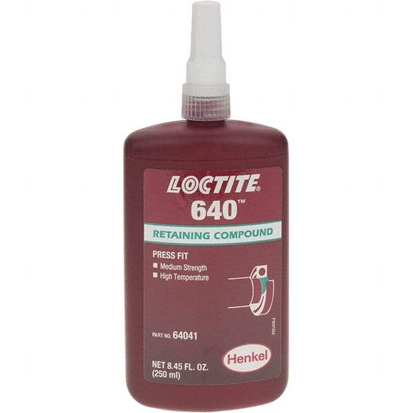 Loctite - 250 mL, Green, Medium Strength Liquid Retaining Compound - Series 640, 24 hr Full Cure Time - Americas Tooling