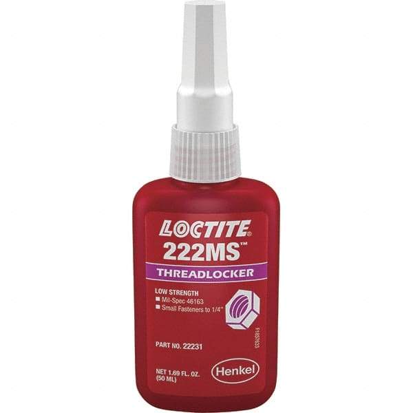 Loctite - 50 mL Bottle, Purple, Low Strength Liquid Threadlocker - Series 222, 24 hr Full Cure Time, Hand Tool Removal - Americas Tooling