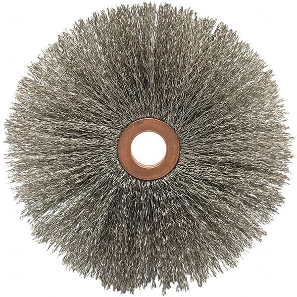 Brush Research Mfg. - 4" OD, 1/2" Arbor Hole, Crimped Stainless Steel Wheel Brush - 5/8" Face Width, 1-9/16" Trim Length, 20,000 RPM - Americas Tooling
