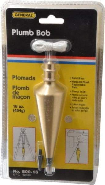 General - 5-3/4 Inch Long, 1-1/2 Inch Diameter Brass Plumb Bob - 16 Ounce, Has Replacable Tip - Americas Tooling