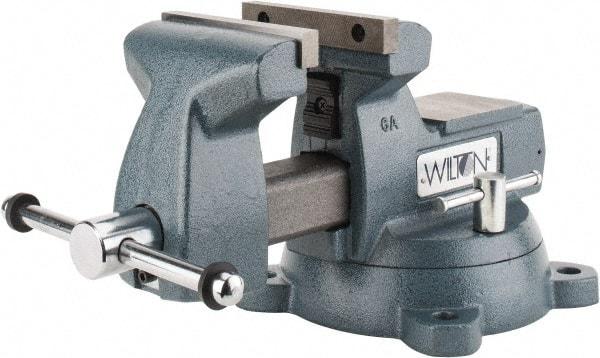 Wilton - 6" Jaw Width x 5-3/4" Jaw Opening Capacity, 4-1/8" Throat Depth, Bench & Pipe Combination Vise - 1/4 to 3-1/2" Pipe Capacity, Swivel Base, Bolt Down Attachment, Ductile Iron - Americas Tooling