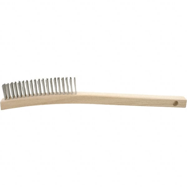 Brush Research Mfg. - 4 Rows x 19 Columns Stainless Steel Scratch Brush - 5-3/4" Brush Length, 13-3/4" OAL, 1-1/8 Trim Length, Wood Curved Back Handle - Americas Tooling