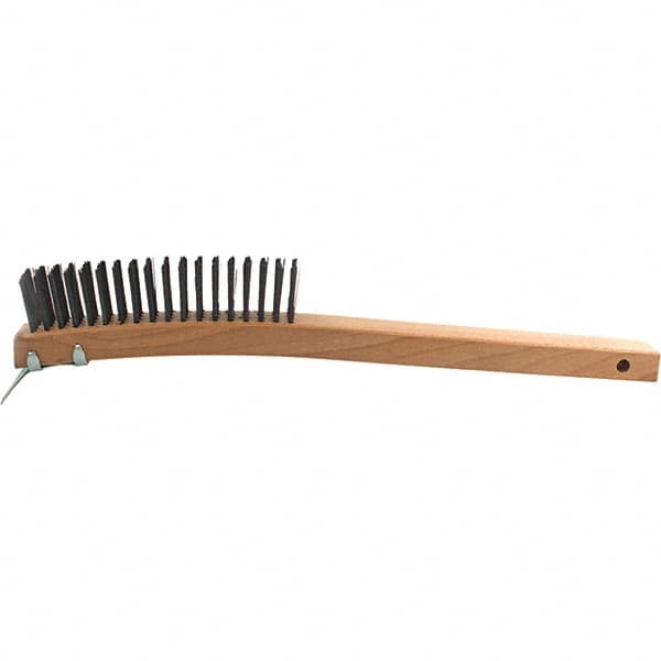 Brush Research Mfg. - 4 Rows x 19 Columns Steel Scratch Brush - 5-3/4" Brush Length, 14" OAL, 1-1/8 Trim Length, Wood Curved Back Handle - Americas Tooling