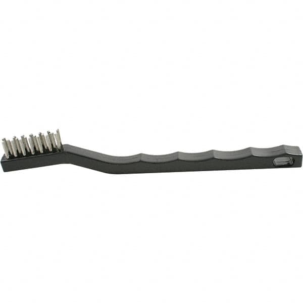 Brush Research Mfg. - 2 Rows x 7 Columns Stainless Steel Scratch Brush - 1/2" Brush Length, 7-1/4" OAL, 1/2 Trim Length, Plastic Curved Back Handle - Americas Tooling