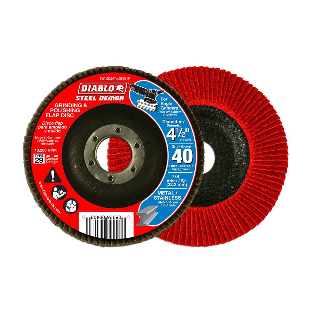 Flap Discs; Flap Disc Type: Type 29; Disc Diameter (Decimal Inch): 4-1/2; Center Hole Size: 7/8; Grade: Ultra Coarse; Grit: 40; Maximum Rpm: 13280.000; Disc Color: Red; Black