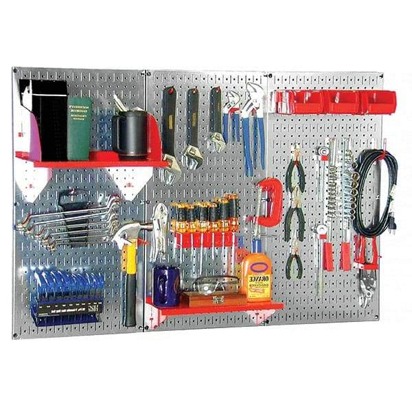 Wall Control - 48" Wide x 32" High Peg Board Kit - 3 Panels, Galvanized Steel, Galvanized/Red - Americas Tooling