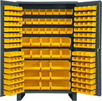 48"W - 14 Gauge - Lockable Cabinet - With 171 Yellow Hook-on Bins - Flush Door Style - Gray - Americas Tooling
