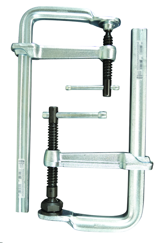 Economy L Clamp - 10" Capacity - 4-3/4" Throat Depth - Standard Pad - Profiled Rail, Spatter resistant spindle - Americas Tooling