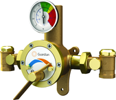 Guardian tempering valve blends hot and cold water to deliver tepid water. Flow capacity is 3.0 to 34 GPM, for use with a single emergency shower, or multiple eyewash, eye/face wash, eyewash/drench hose or drench hose units. - Americas Tooling