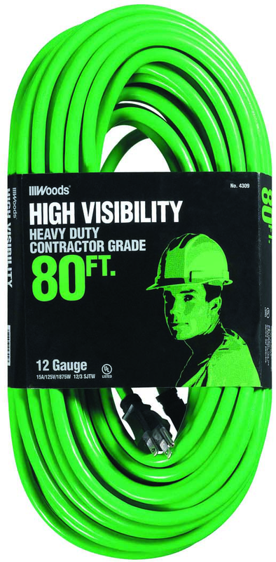 80' Ext. Cord Extra HD 1-Outlet- Neon High Visibility - Americas Tooling