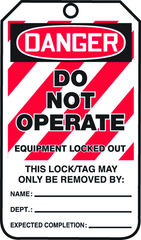 Lockout Tag, Danger Do Not Operate Equipment Locked Out, 25/Pk, Plastic - Americas Tooling