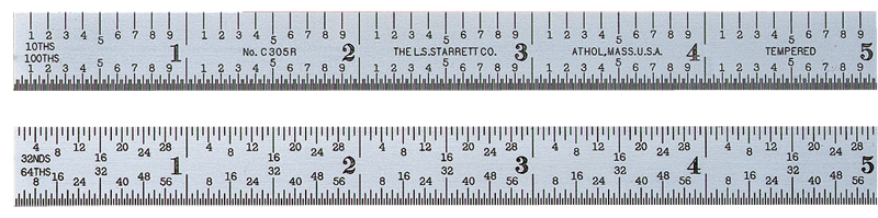 #C305R-6-Certified - 6'' Long - 5R Graduation - 1/2'' Wide - Satin Chrome Finish Flexible Steel Rule with Certification - Americas Tooling