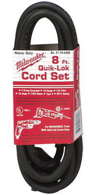 #48-76-4008 - Fits: Most Milwaukee 3-Wire Quik-Lok Cord Sets @ 8' - Replacement Cord - Americas Tooling