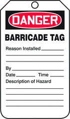 Barricade Tag, Danger Barricade Tag-Reason Installed/Descripti, 25/Pk, Plastic - Americas Tooling